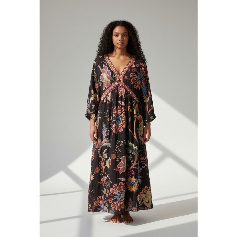 Zara Woman’s Floral BOHO Beaded Maxi Dress Size S Black Print